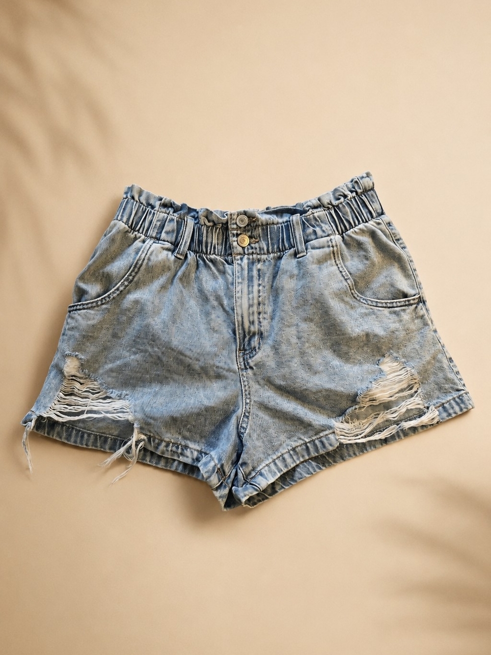 SO Light Blue Distressed Elastic-Waist Jean Shorts
